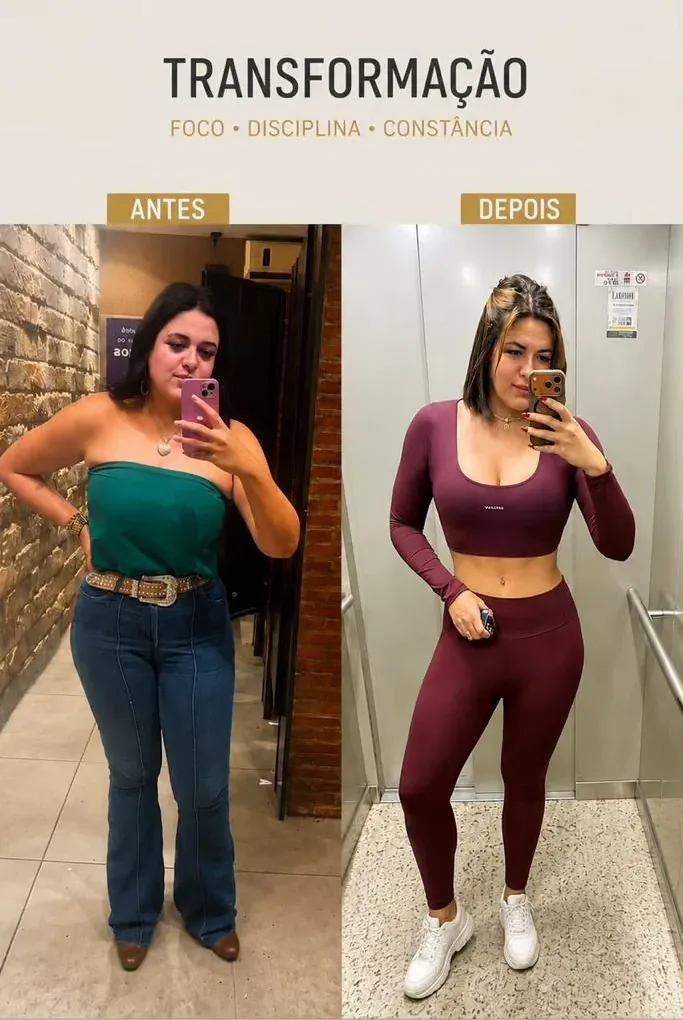 Antes e depois de uma mulher: antes, de top verde e calça jeans; depois, mais magra, de conjunto fitness vinho.