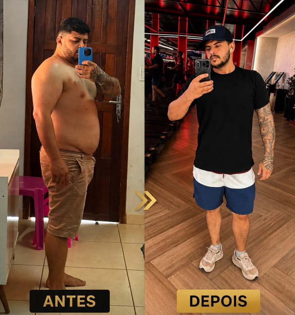 Antes e depois de um homem: antes, sem camisa e de perfil; depois, mais magro, de camiseta preta na academia.