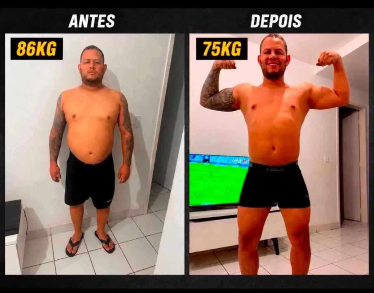 Antes e depois de um homem sem camisa, com as marcações 86 kg e 75 kg.